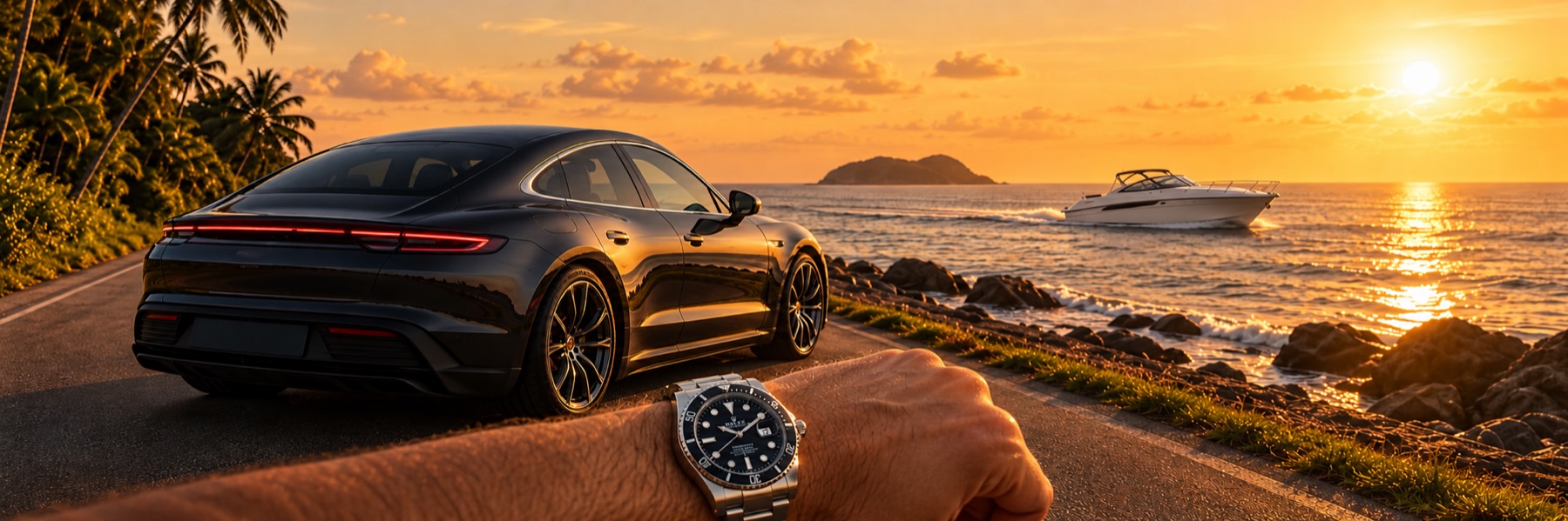 Editorial coastal sunset scene with a premium car, a Rolex Submariner on a bare tanned wrist and a sports cruiser offshore